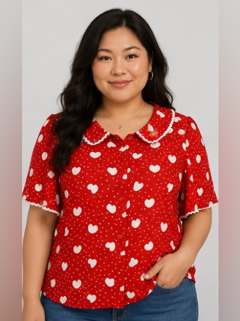 Red Heart Print Blouse with Scallop Collar